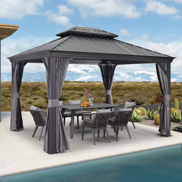 PURPLE LEAF 10X14 Patio Gazebo for Backyard Grey Hardtop Galvanized Steel Roof Awning with Upgrade Curtain