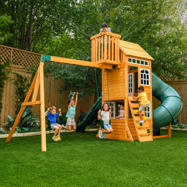 KidKraft Ridgemoor Perch Wood Swing Set with Playhouse, Rock Wall, and Tunnel Slide