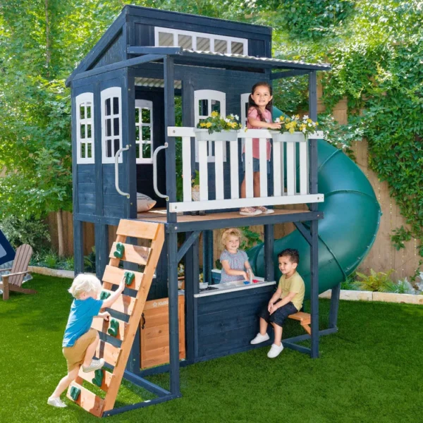 KidKraft Cozy Escape Navy Two-Story Wood Playhouse with Tube Slide and Clubhouse